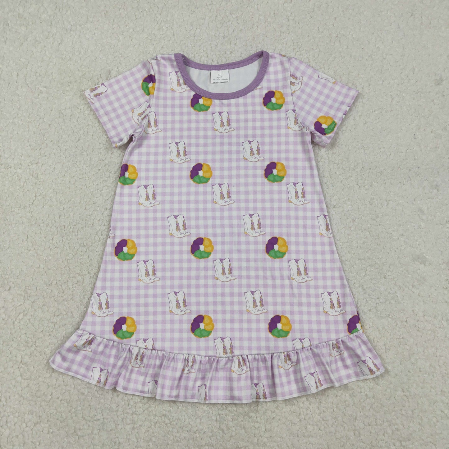 Baby Kids Girls Short Sleeves Donuts Boots Mardi Gras Purple Plaid Ruffle Knee Length Dress