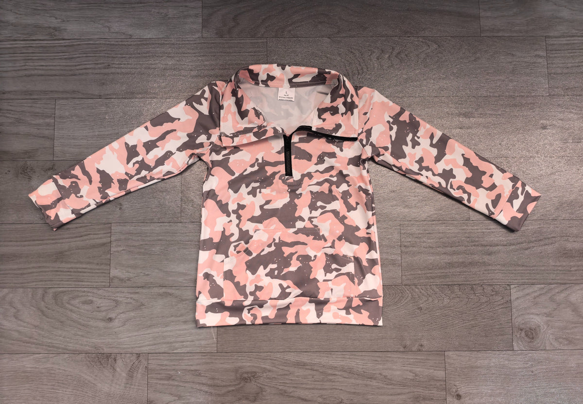 ( No moq ) Preorder Baby Girl Long Sleeves Camo Zipper Pocket Pink Yoga Pullover Shirt