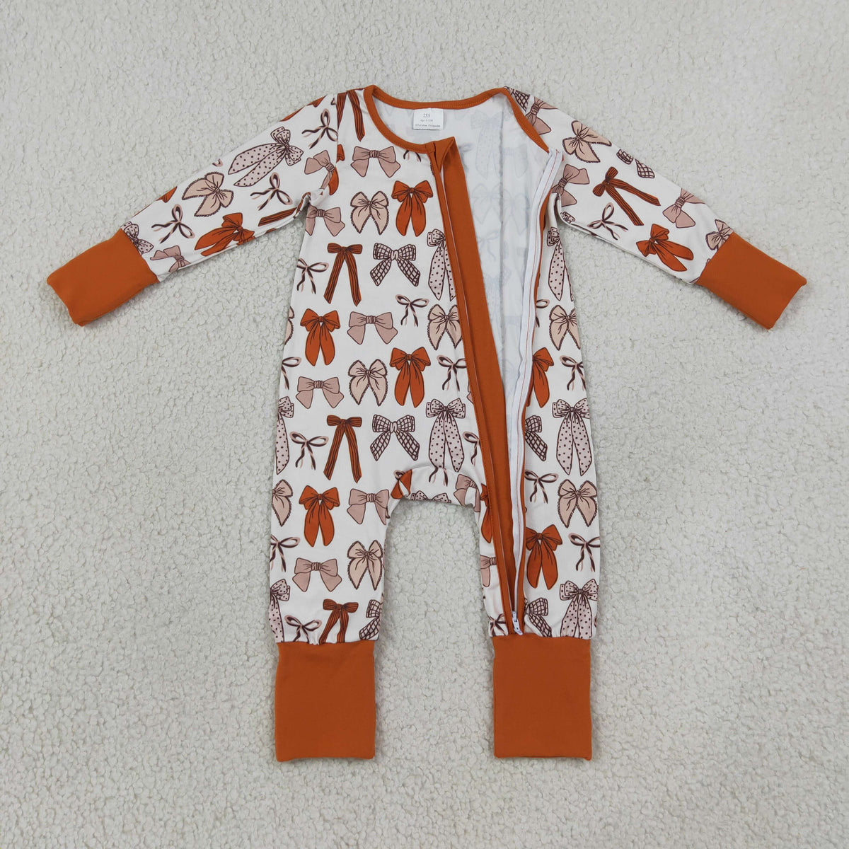 Baby Girls Kids Long Sleeves Bows Zipper Sleeper Footie Romper Brown Clothes RTS