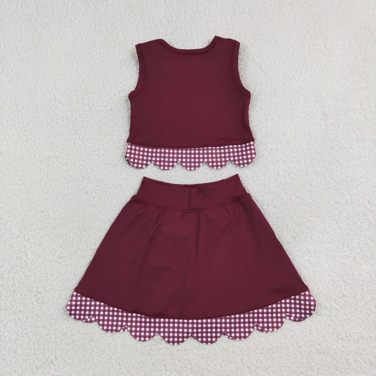 Baby Girls Kids Dark Red Vest Plaid Bows Scallop Bows Skirt Shorts Yoga Active Set Clothes RTS