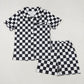 Adult Women Short Sleeves Black Checkered Buttons Tops Shorts Pajamas Set