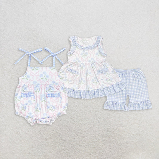 Baby Girl Sleeveless Bows Flower Pockets Sibling Romper Set Clothes RTS