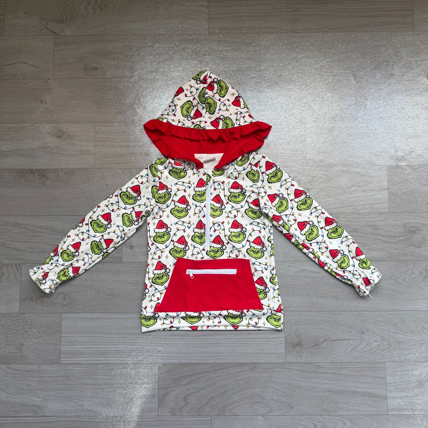 ( No moq ) Preorder Baby Girl Long Sleeves Green Face Lights Zipper Pocket Hoodie Christmas Shirt