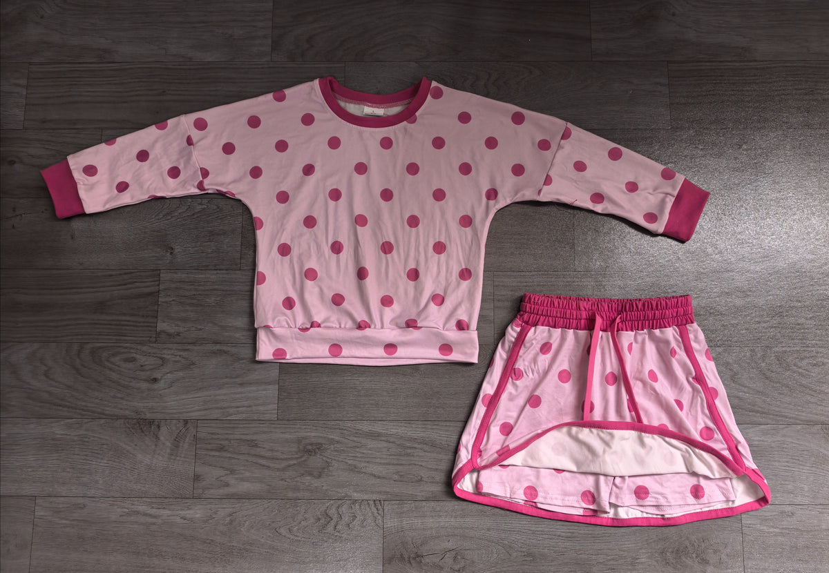 ( No moq ) Preorder Baby Girls Kids Long Sleeves Dots Shirt Skirt Shorts Light Pink Set Clothes