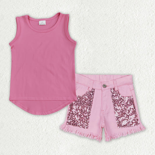 Baby Girls Kids Sleeveless Pink Shirt Sequins Pink Denim Shorts Summer Set RTS