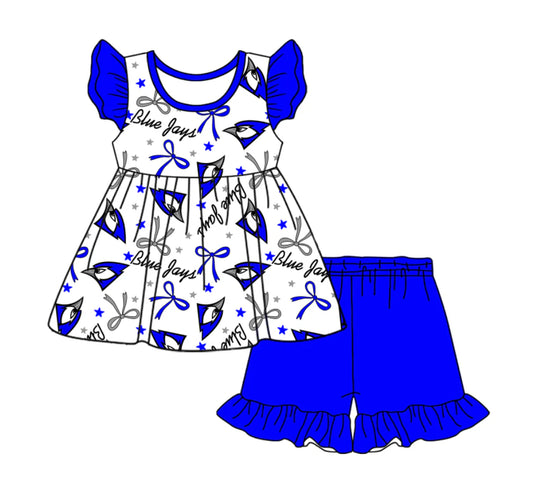 Baby Girl Short Sleeves Bows Tunic Blue Shorts Clothes Team Set ( Moq 5 )