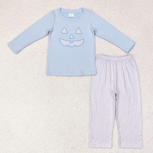 Baby Boy Halloween Embroidery Pumpkin Blue Shirt Plaid Pants Set