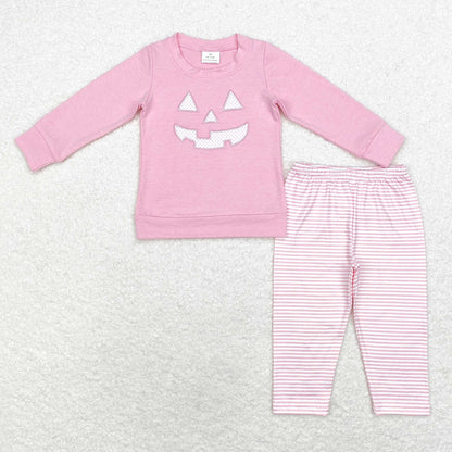 Baby Boy Halloween Embroidery Smile Blue Shirt Stripes Pants Set