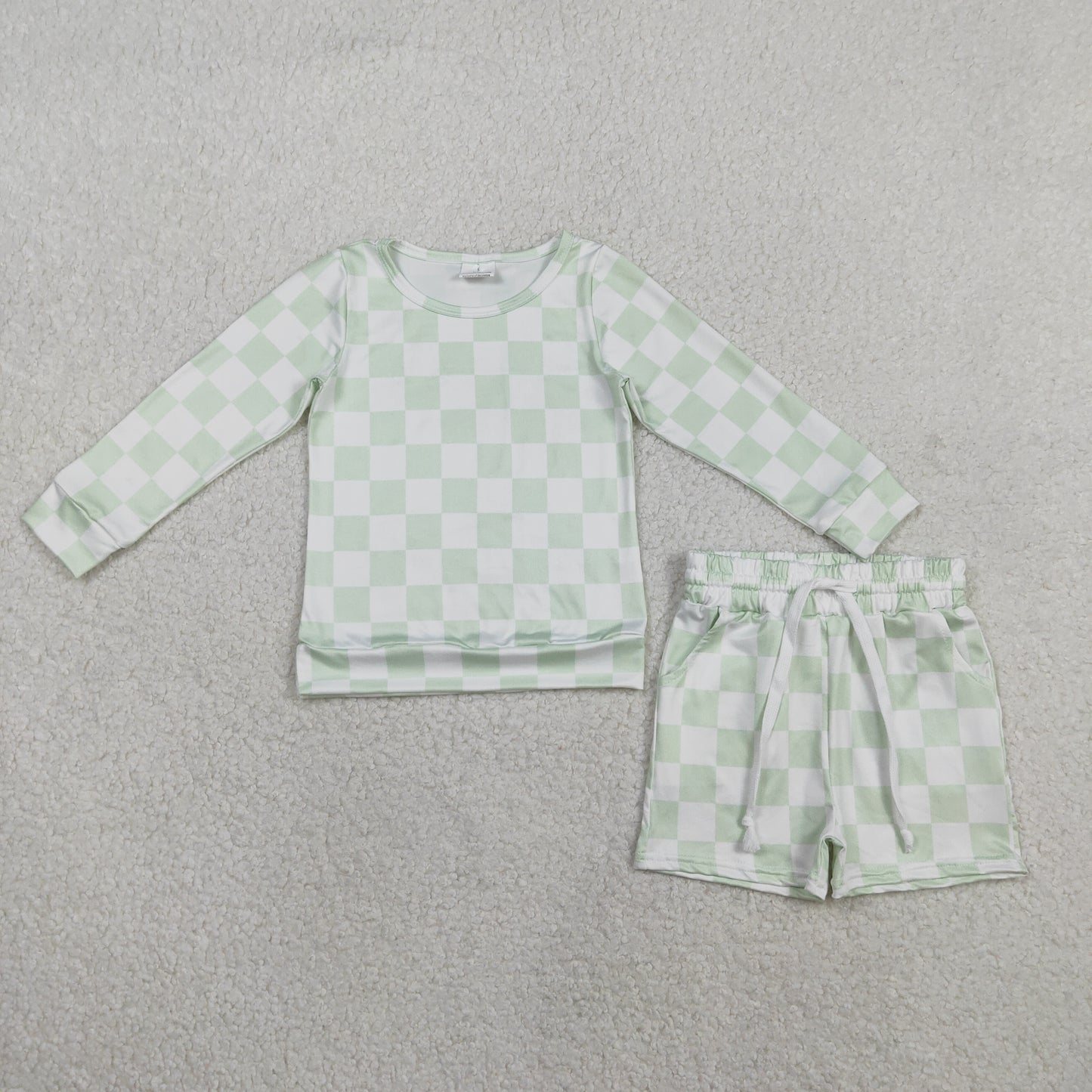 Baby Kids Toddler Long Sleeves Light Green Checked Tops Pockets Shorts Clothes Set RTS
