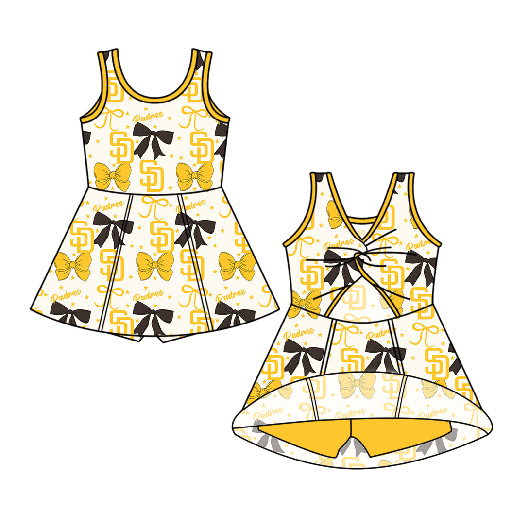 ( Moq 5 each style ) Baby Boy Girl Toddler Team Bows ‌Yellow Sibling Shirt Dress Set 6.17