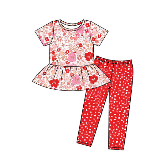 Baby Girl Short Sleeves Flower Top Red Dots Pants Clothes Set Moq 5