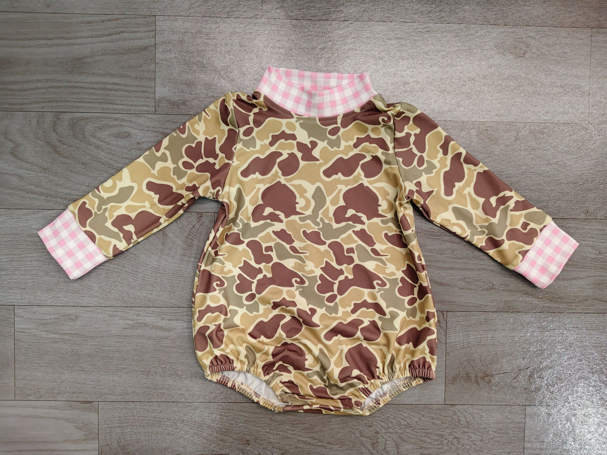 ( No moq ) Preorder Baby Girls Infant Pink Plaid Camo Bubble Romper Clothes