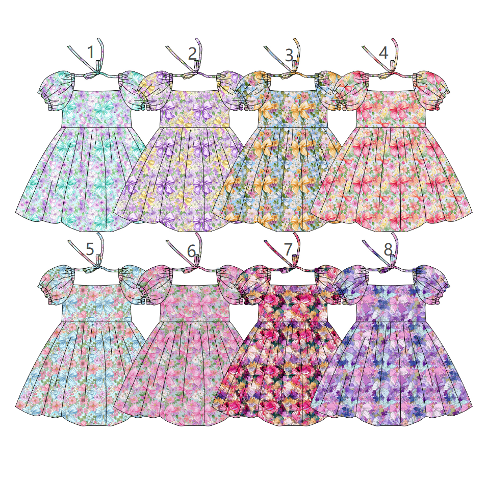 ( Moq 5 Each Style ) Sibling Baby Girls Kids Short Sleeves Flower Bows Summer Knee Length Dresses
