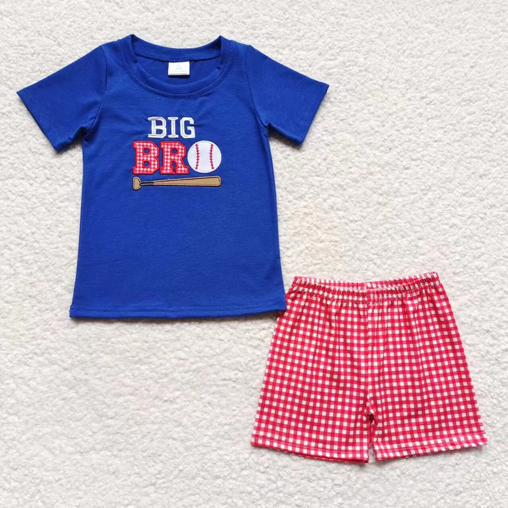 Baby Boy Girl Short Sleeves Embroidery Baseball Sibling Romper Blue Clothes Set