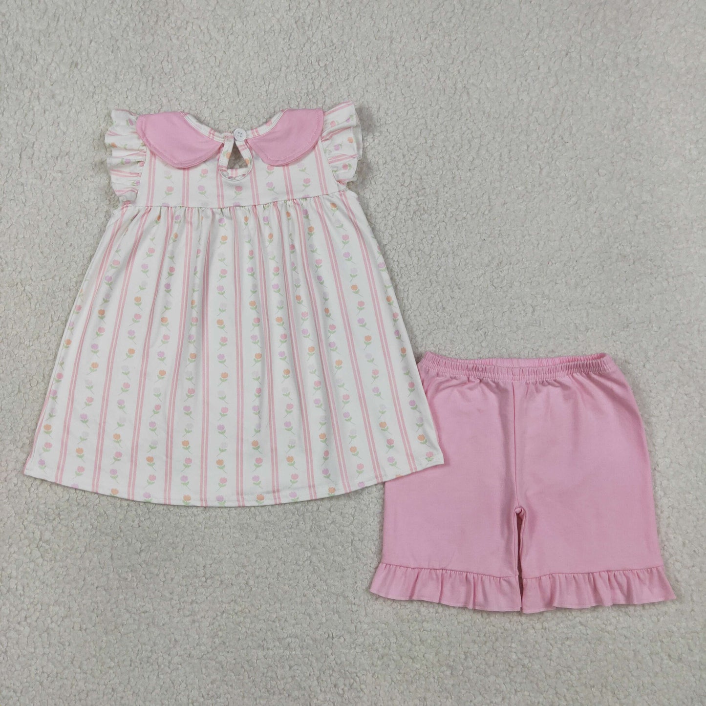 Baby Girls Kids Summer Floral Stripes Tunic Pink Ruffle Shorts Clothes Set RTS