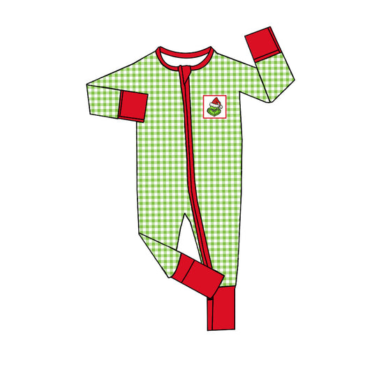 Baby Girl Green Checkered Christmas Frog Zipper Romper