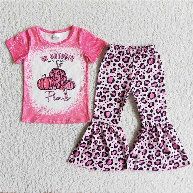 D2-29 Baby Girl Short Sleeves Pumpkin Shirt Pink Leopard Bell Pants Fall Outfit