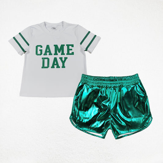 Baby Girl Short Sleeves Game Day Yoga Team Cheer Vinyl Shirt Green Leather Shorts Set RTS