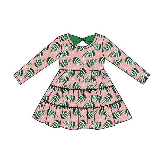 Baby Girl Long Sleeves Christmas Tree Pink Dress