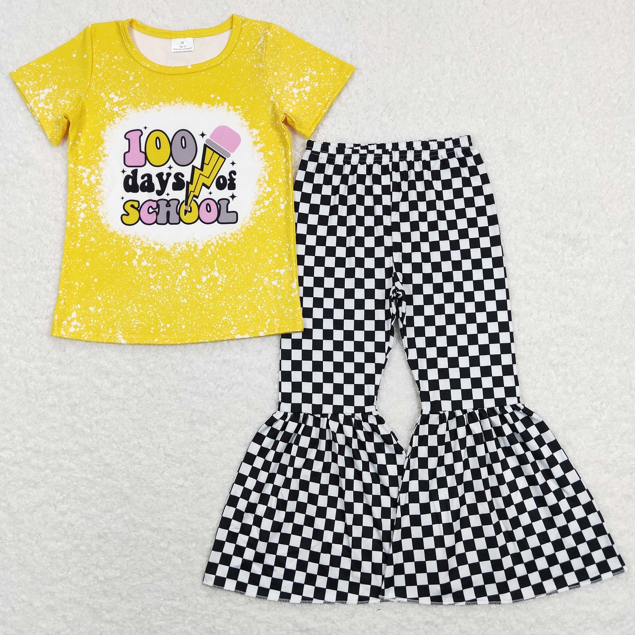 GSPO1256 Baby Girl Back To School Yellow Shirt Checkered Bell Pants Set