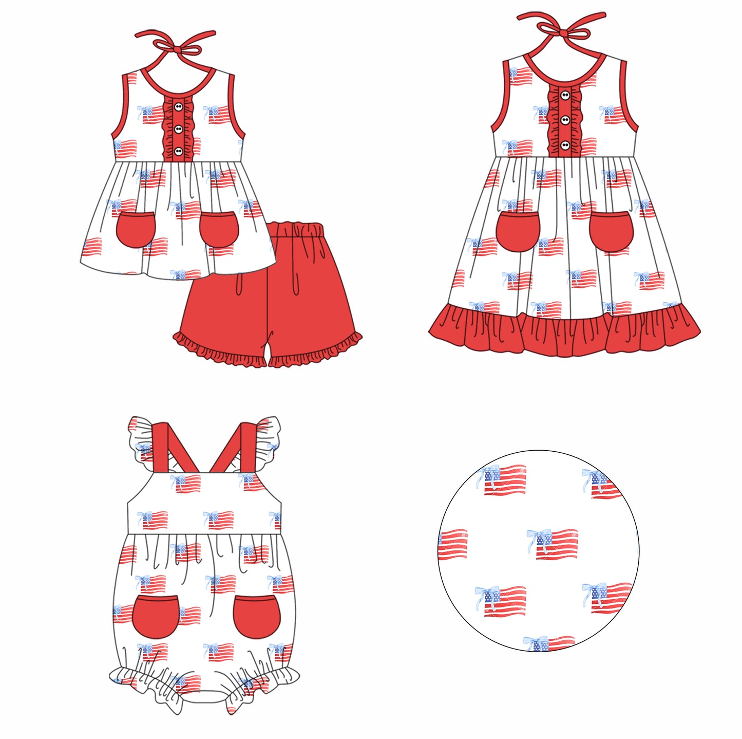 Baby Girl July 4th Flag Sibling Romper Dress Clothes Set ( Moq 5 Each Design ) 11.26