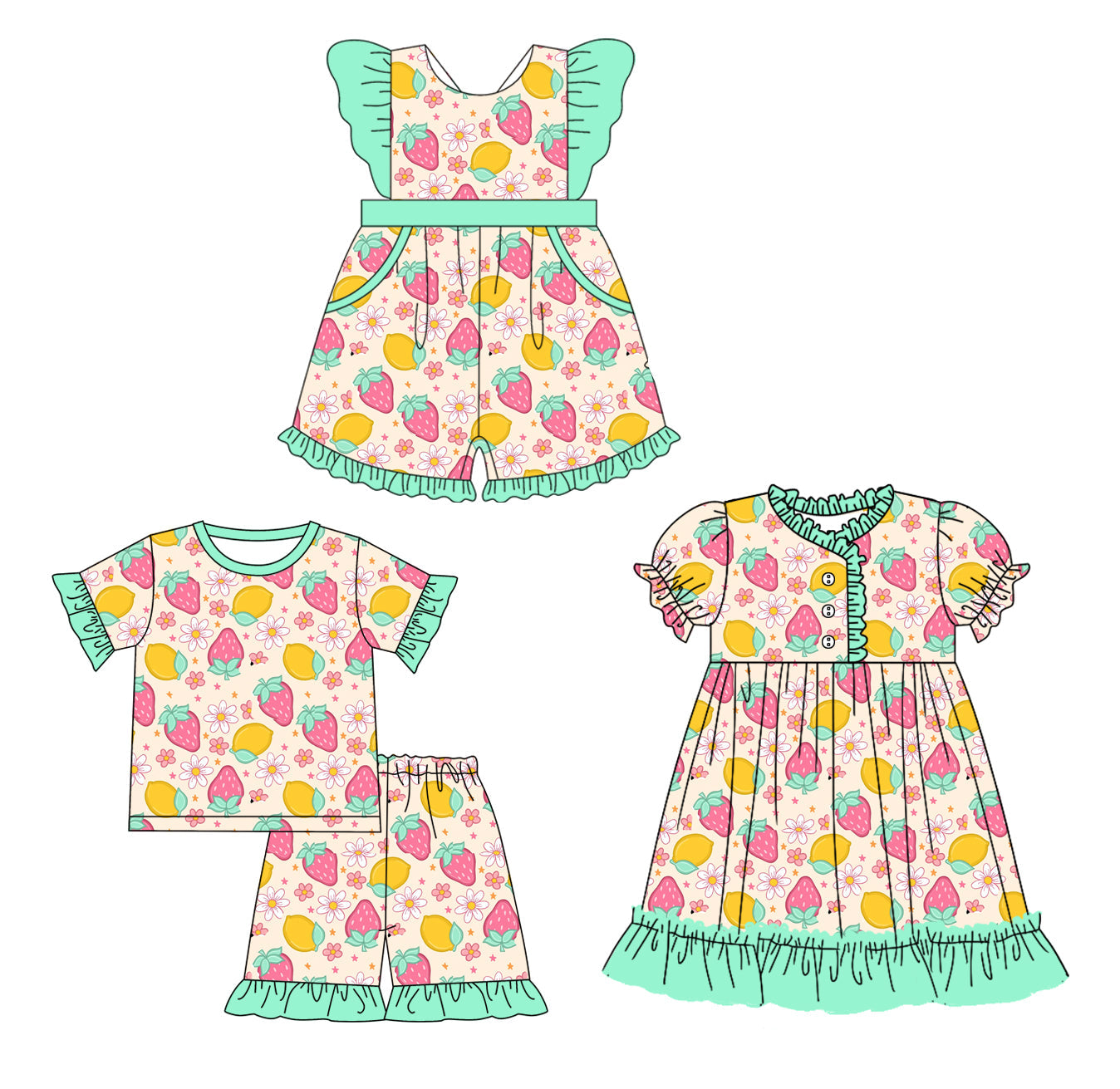 Baby Girl Short Sleeves Strawberry Lemon Flower Sibling Jumpsuit Dress Set ( Moq 5 Each Design ) 12.10