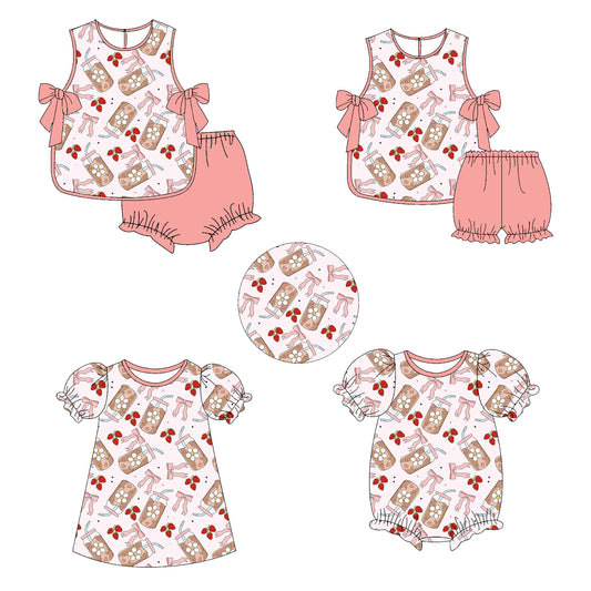 Baby Girl Valentine Hearts Flower Bows Strawberry Sibling Matching Dress Romper Set ( Moq 5 Each style )