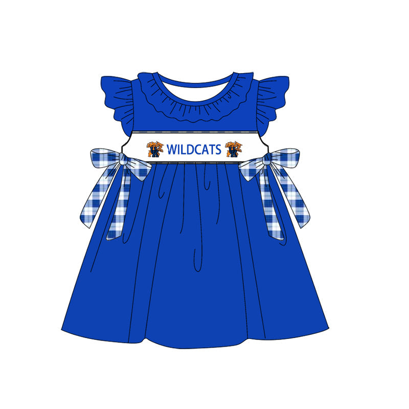 Baby Girl Short Sleeves Tiger Team Blue Checked Bows Knee Length Dress (Moq 5 )