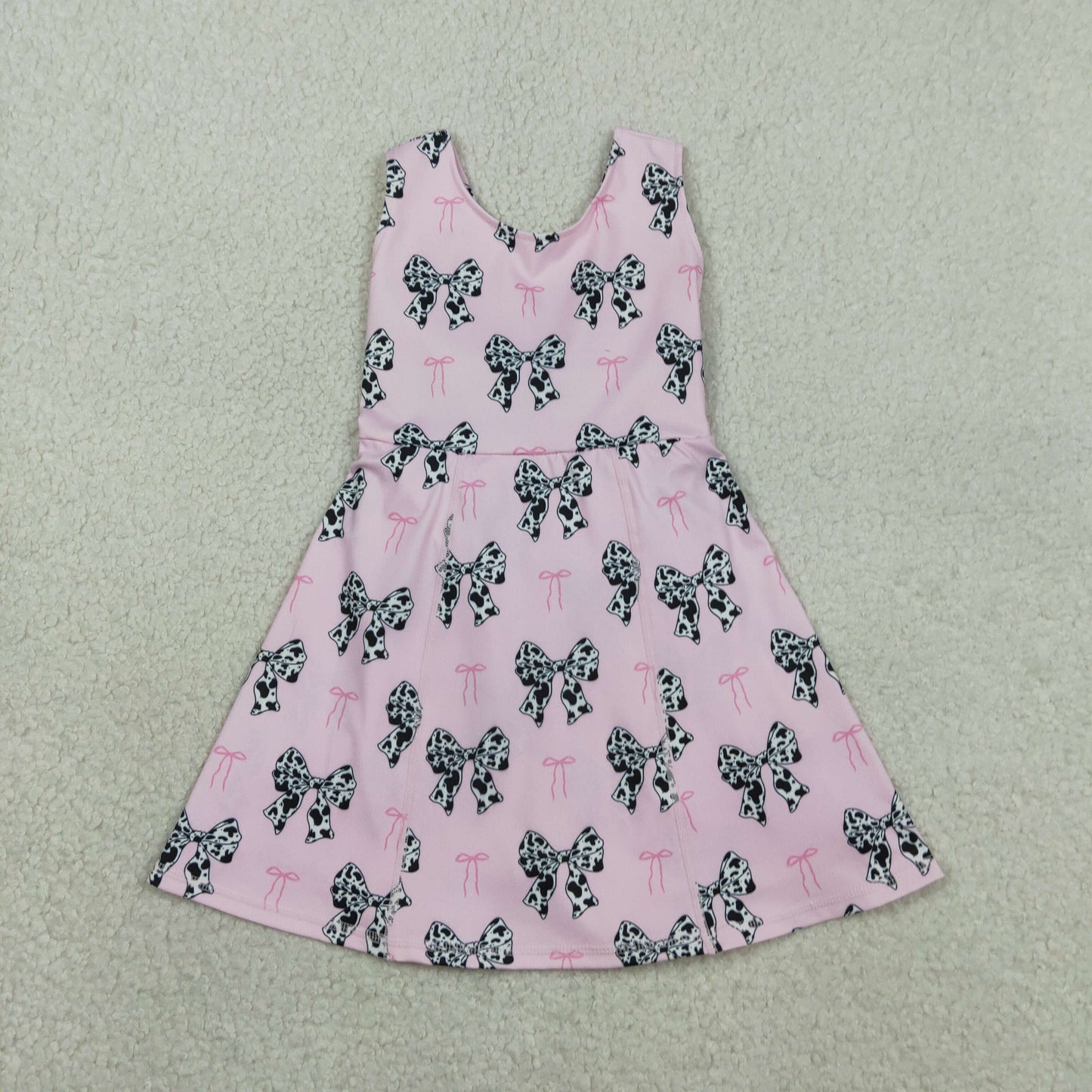Baby Girls Sleeveless Cow Print Bows Pink Yoga Shorts Knee Length Dress RTS