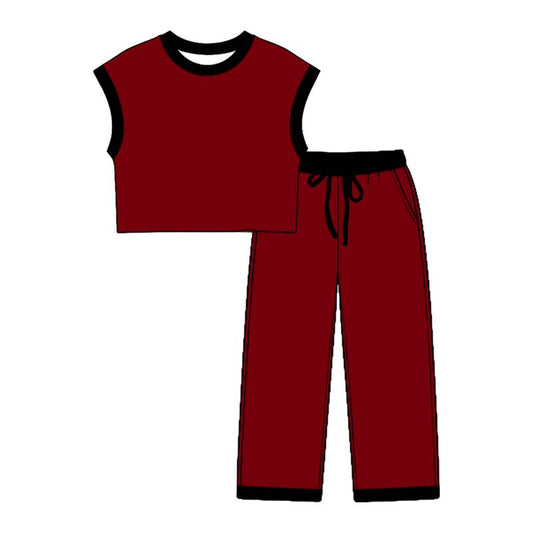 ( Moq 5 ) Preorder Baby Girls Kids Black Trim Shirt Tops Pockets Pants Cotton Set Red Clothes