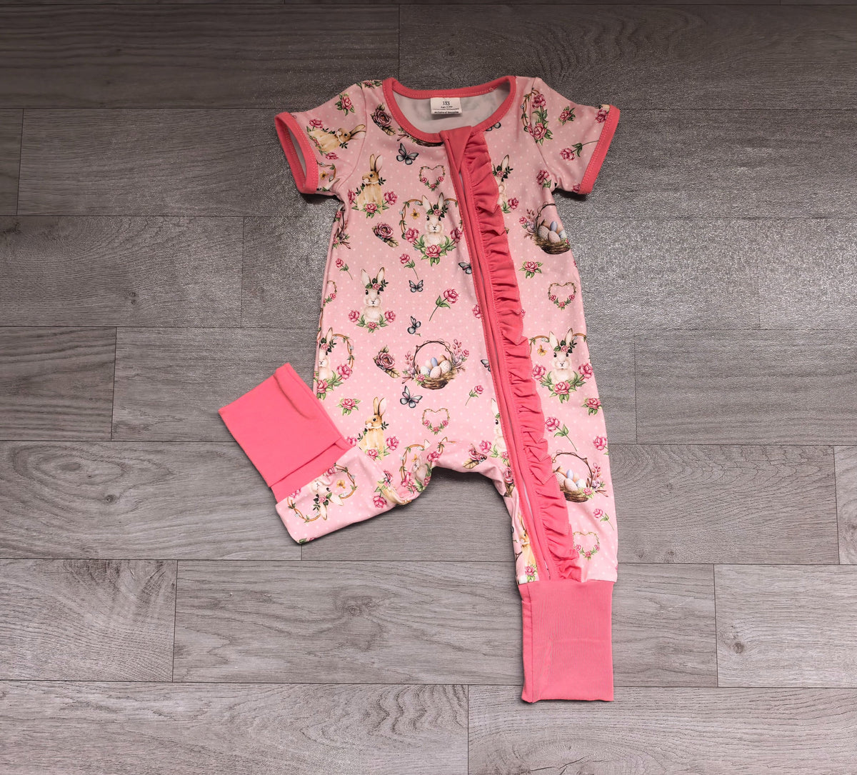 ( No moq ) Preorder Baby Girls Kids Rabbits Eggs Flower Zipper Footie Romper Easter Clothes