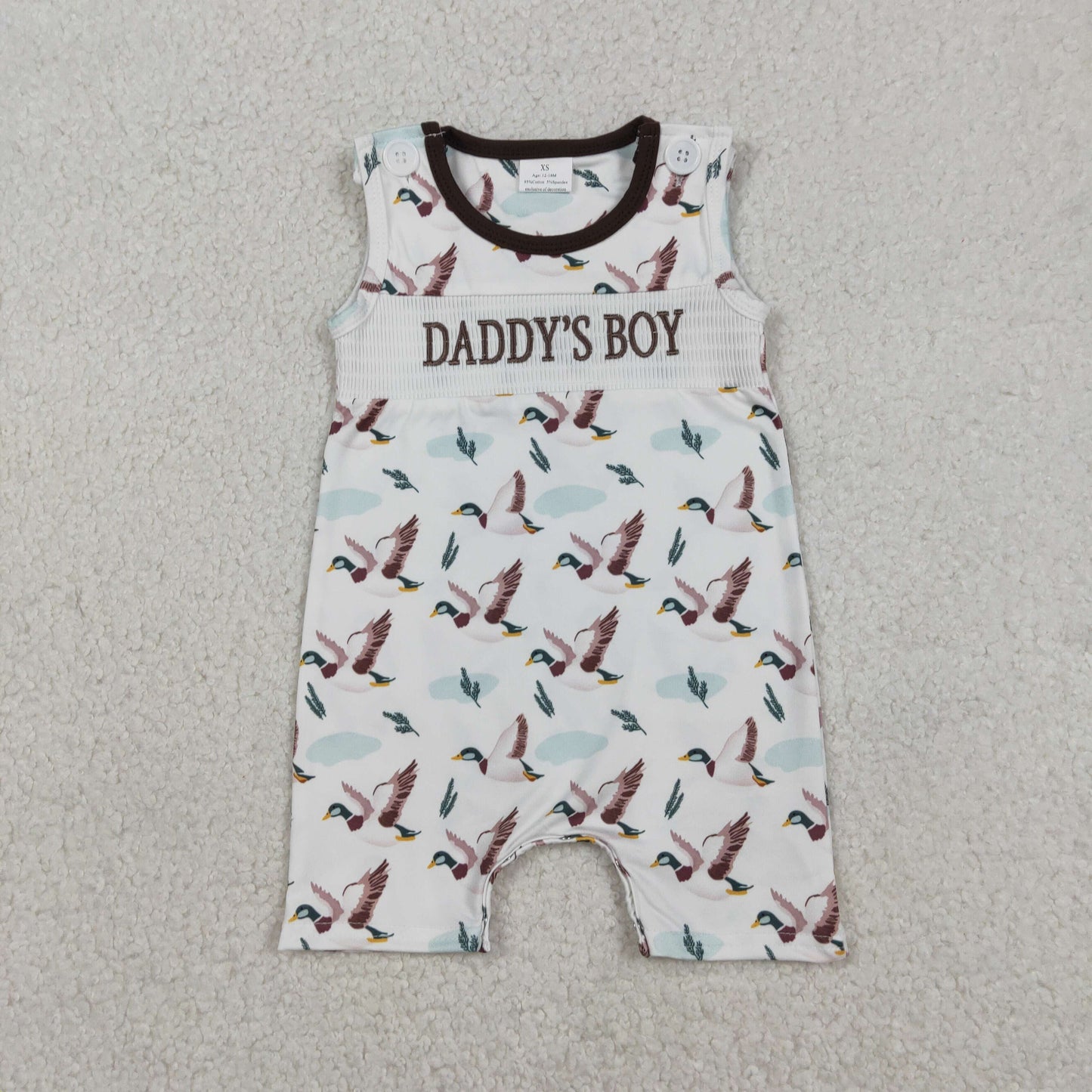 Baby Kids Embroidery Daddy's Boy Ducks Buttons Smocked Romper RTS