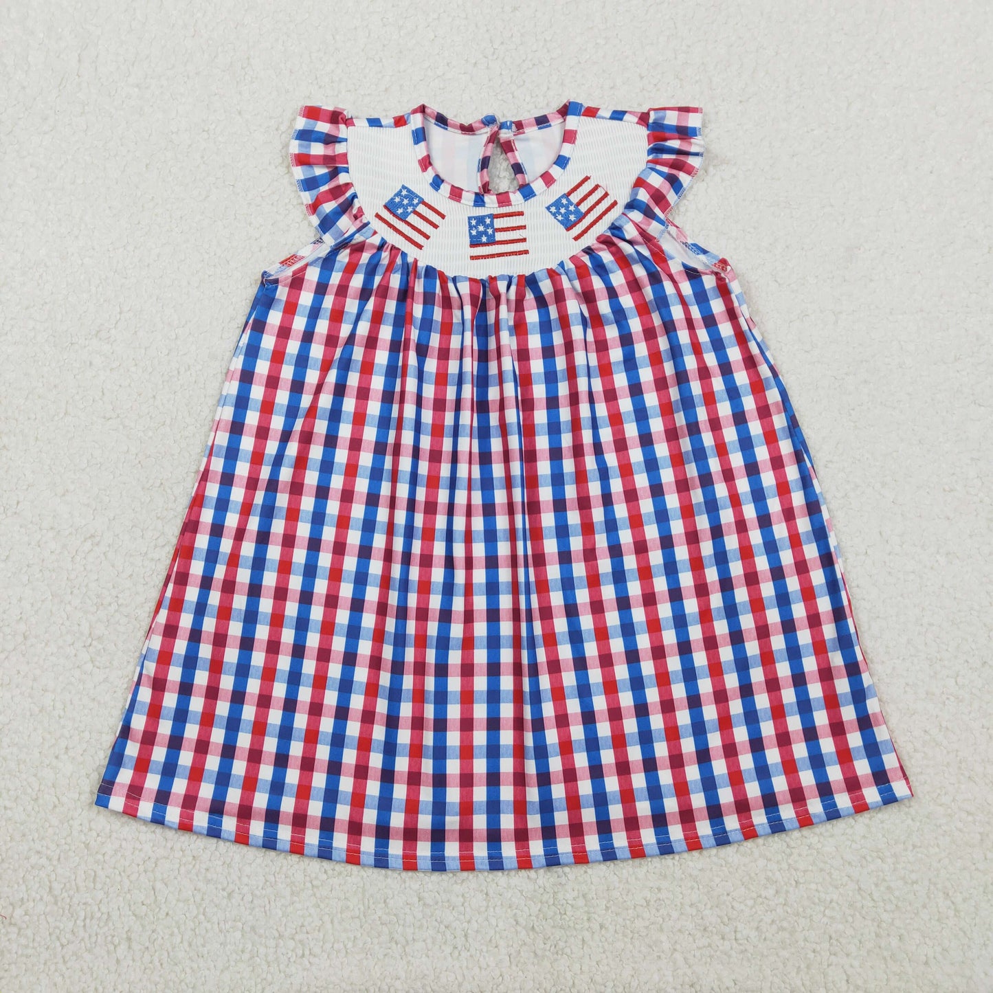 Baby Girls Embroidery Smocked Flags Strips 4th of July Knee length Purple Dress RTS