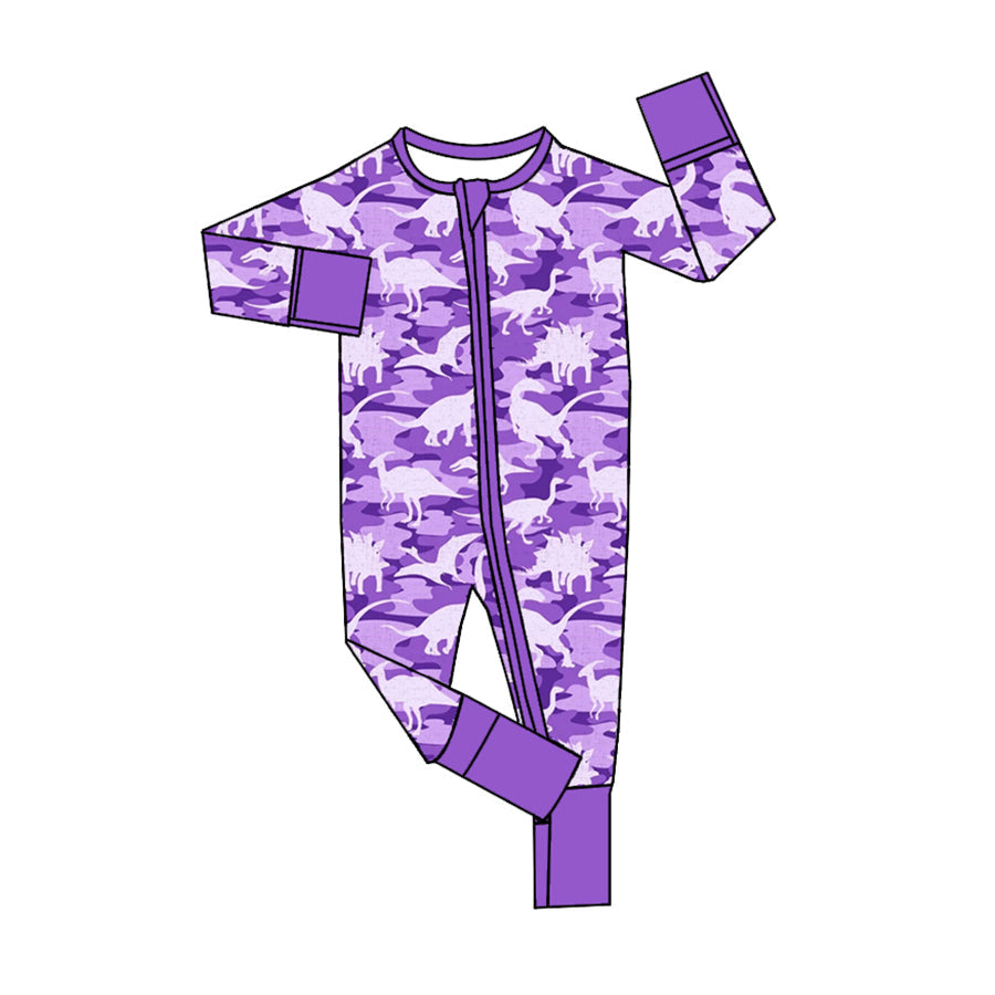 Baby Girl Purple Camo Dinosaurs Long Sleeves Zipper Romper