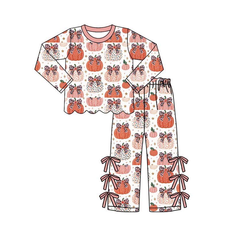 ( Moq 5 ) Preorder Baby Girls Kids Pumpkins Bows Scallop Shirt Pants Set Fall Clothes