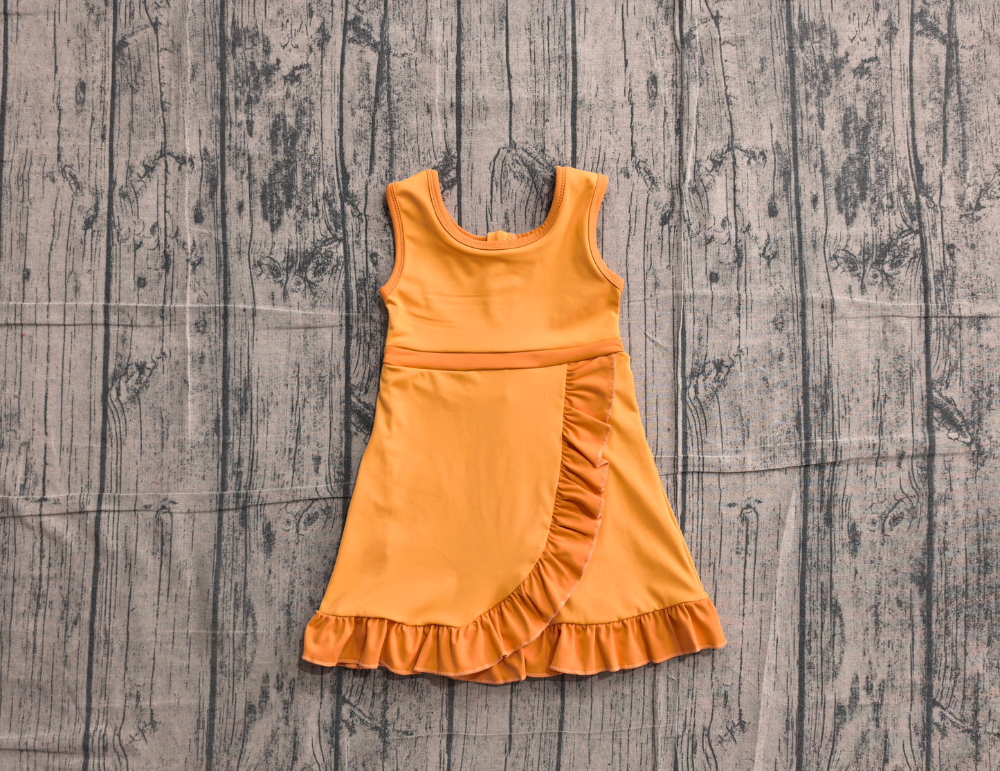 ( No moq ) Preorder Baby Girls Kids Sleeveless Shorts Knee Length Orange Dress Yoga Active Scallop Clothes