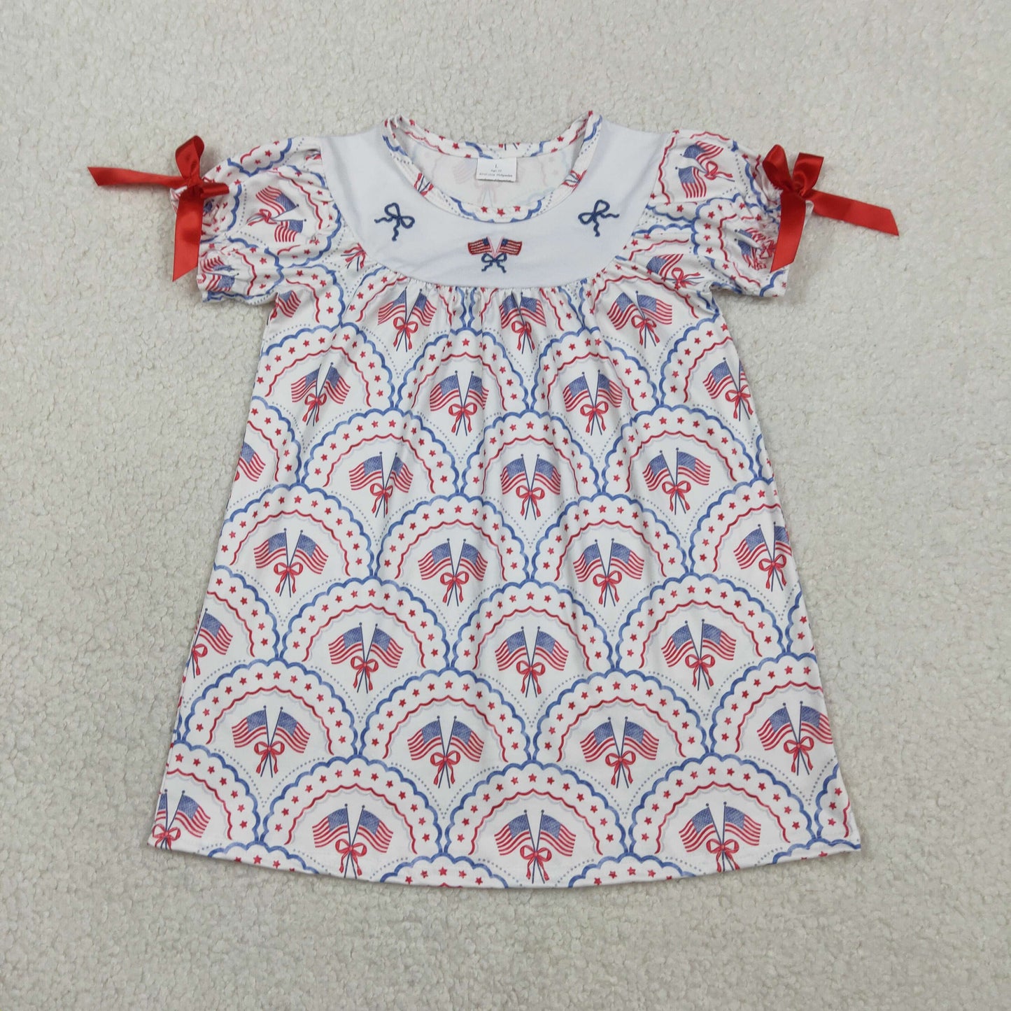 Baby Girls Kids Short Sleeves Embroidery Flags Bows Stars 4th of July Knee Length Dress RTS