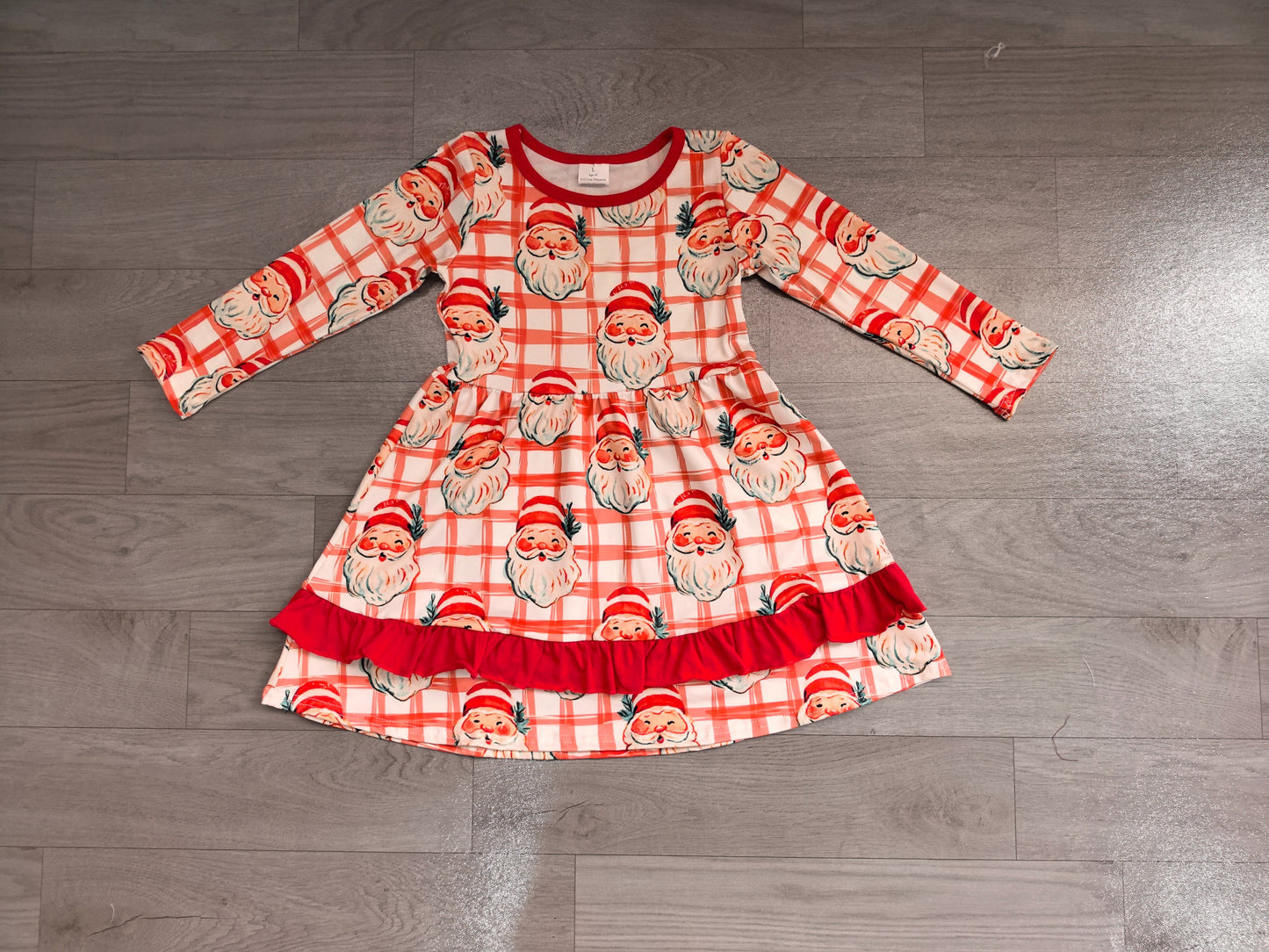 ( No moq ) Preorder Baby Girls Kids Christmas Santa Plaid Knee Length Ruffle Dress Clothes