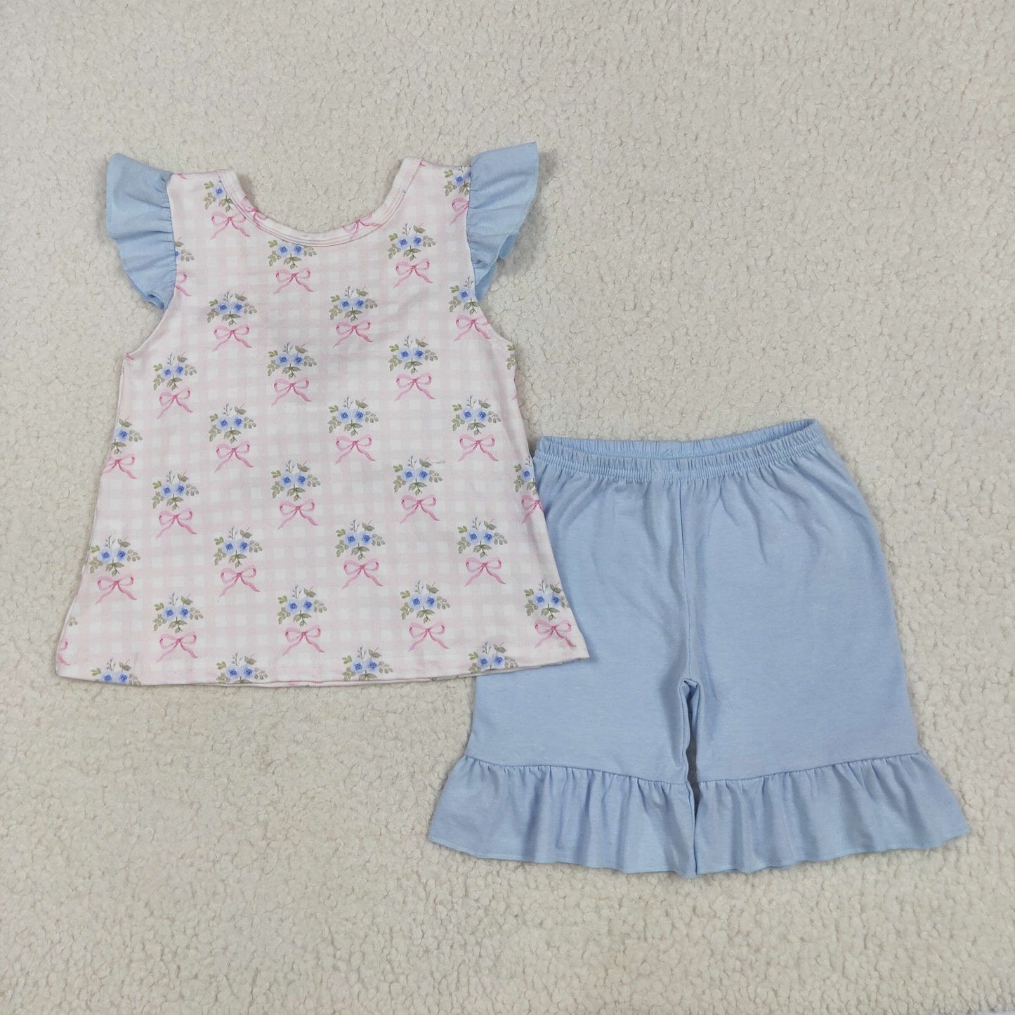 Baby Girl Short Sleeves Flower Bows Plaid Tunic Ruffle Blue Shorts Clothes Set RTS