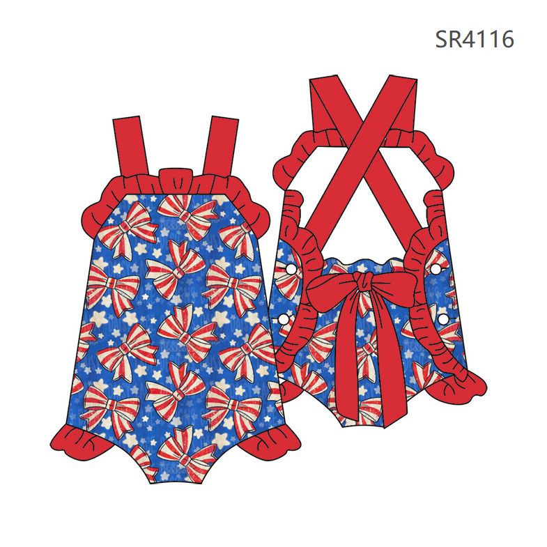 ( Moq 5 )  Preorder Baby Girls Infant Bows Stars 4th of July Ruffle Bubble Romper