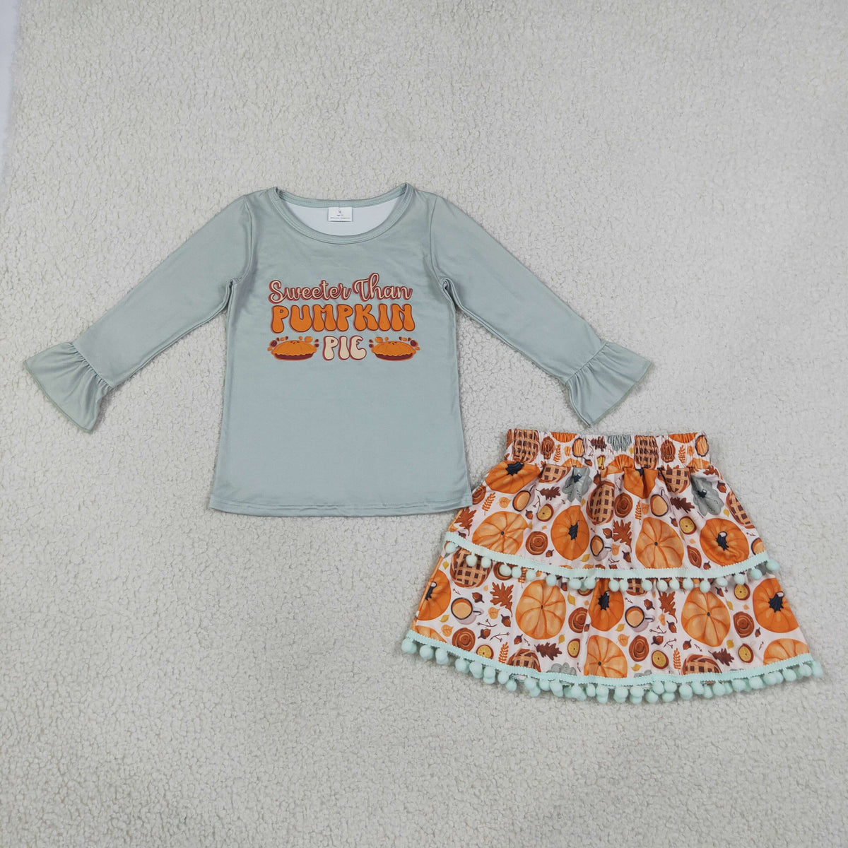 Baby Girls Kids Long Sleeves Pumpkin Pie Tops Skirt Thanksgiving Fall Set RTS