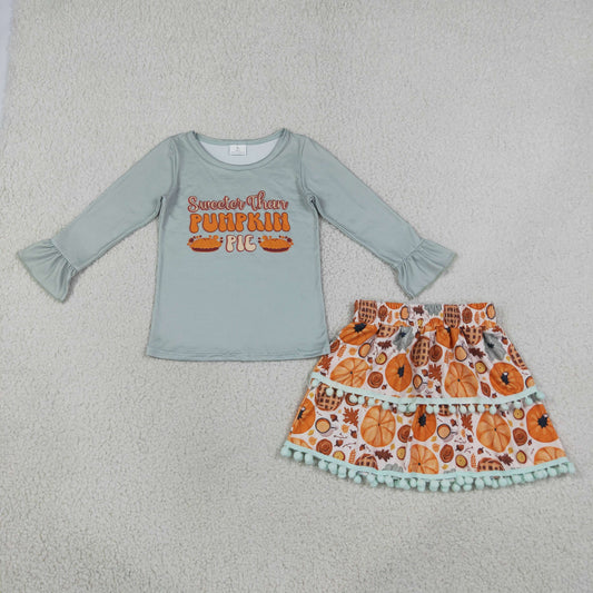 Baby Girls Kids Long Sleeves Pumpkin Pie Tops Skirt Thanksgiving Fall Set RTS