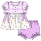 Baby Girl Short Sleeves Flower Plaid Purple Sibling Romper Dress Clothes Set ( Moq 5 Each Design )