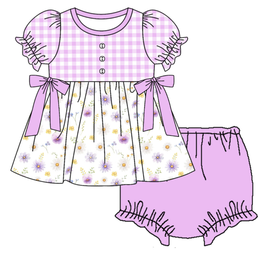 Baby Girl Short Sleeves Flower Plaid Purple Sibling Romper Dress Clothes Set ( Moq 5 Each Design )