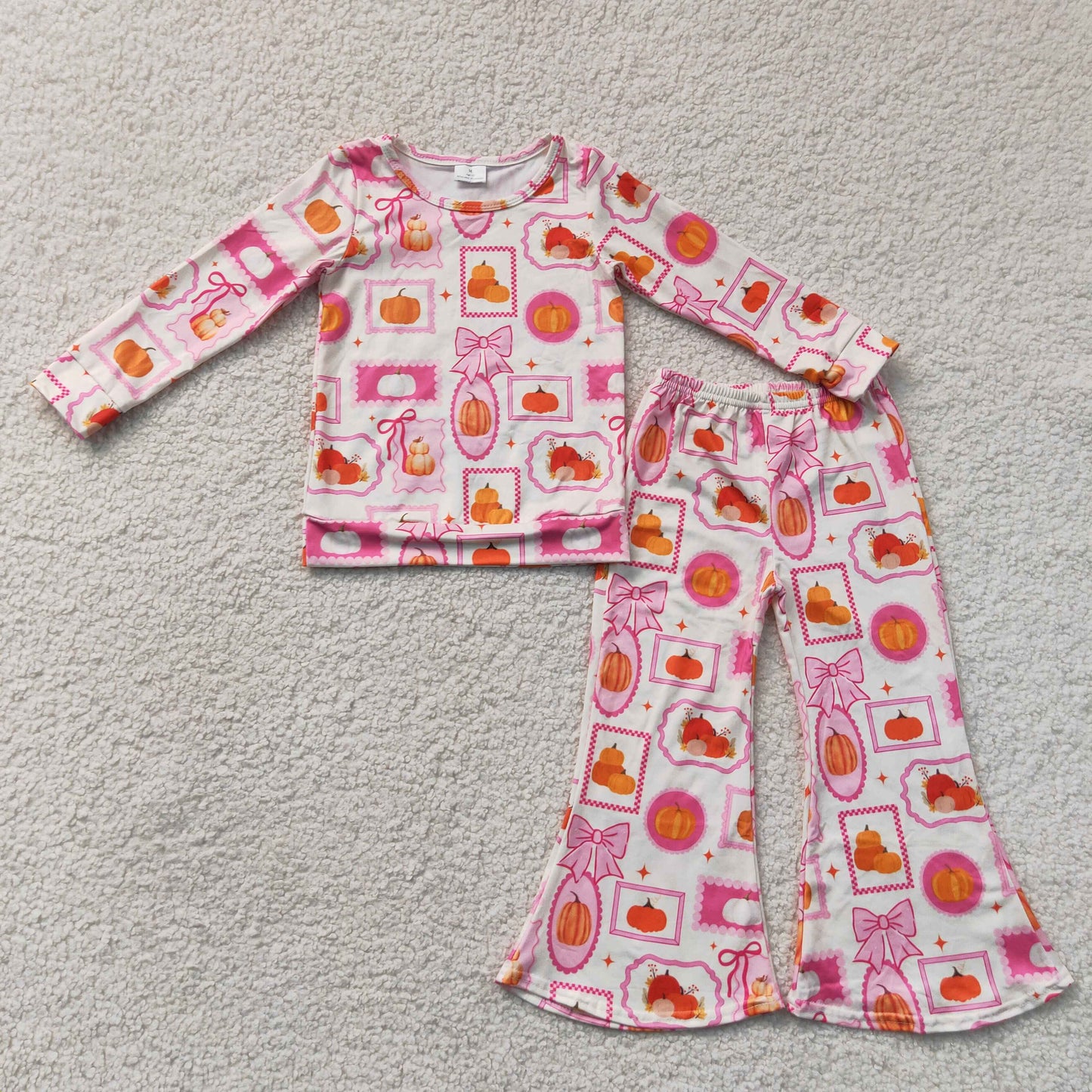 Baby Girls Kids Long Sleeves Pumpkins Bows Shirt Bell Pants Fall Set Clothes RTS