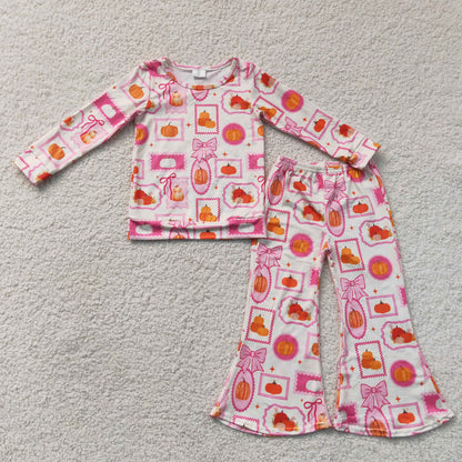 Sibling Baby Girls Kids Long Sleeves Pumpkins Ghosts Flower Shirts Bell Pants Fall Sets Clothes RTS