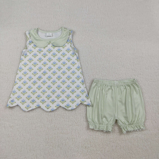 Baby Girl Sleeveless Floral Scallop Tops Green Plaid Shorts Clothes Set RTS