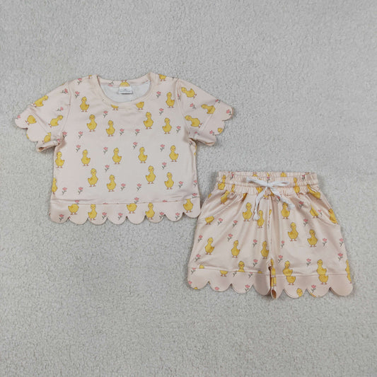 Baby Girls Toddler Short Sleeves Ducks Flower Shirt Scallop Shorts Summer Set RTS