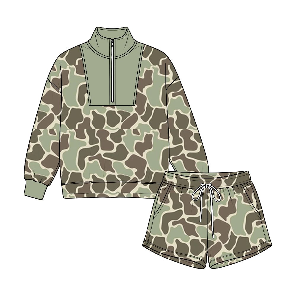 ( Moq 5 ) Preorder Baby Boys Kids Camo Long Sleeves Zipper Pullover Pockets Shorts Green Set Clothes