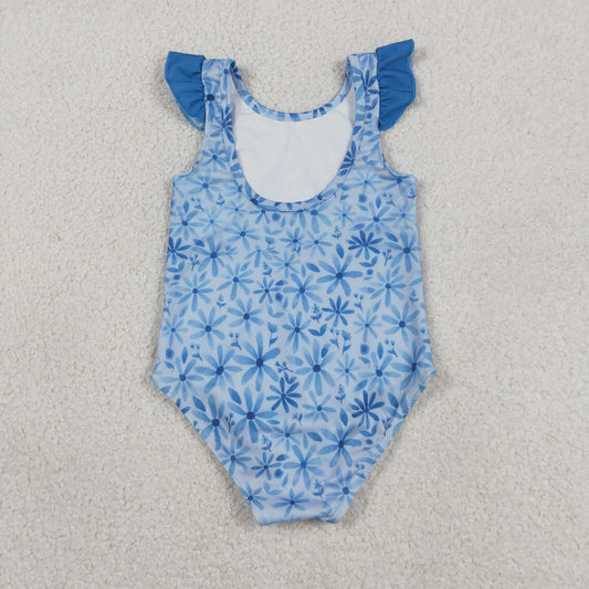Baby Girl Kids Short Sleeves Blue Flower One Piece Swimsuit RTS